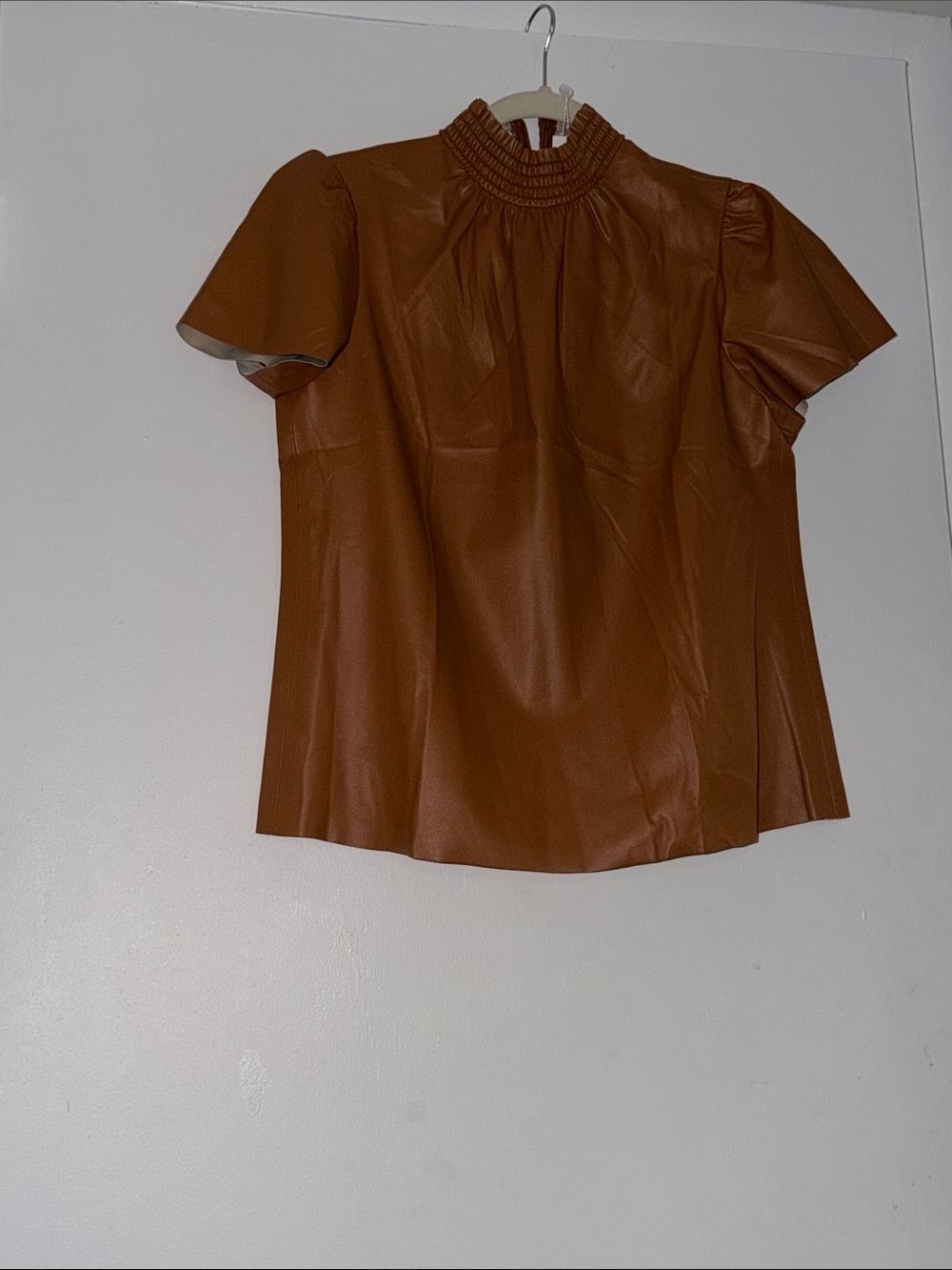Trina Turk Cognac Faux Leather Short Puff Sleeve Mock Neck Top